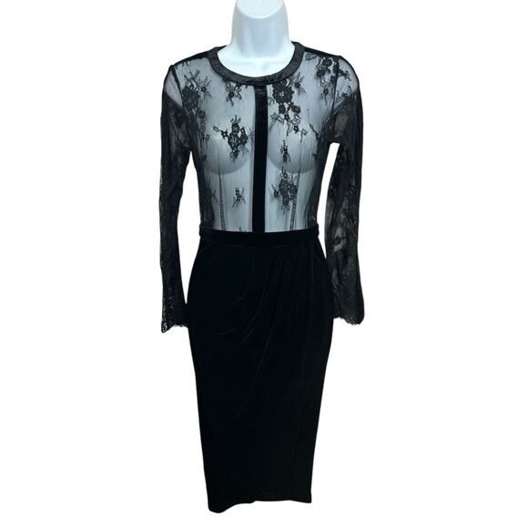Missguided Sheer Lace Velvet Midi Dress Black Sz 6 Long-Sleeve Lined Draped Hip - Picture 5 of 10
